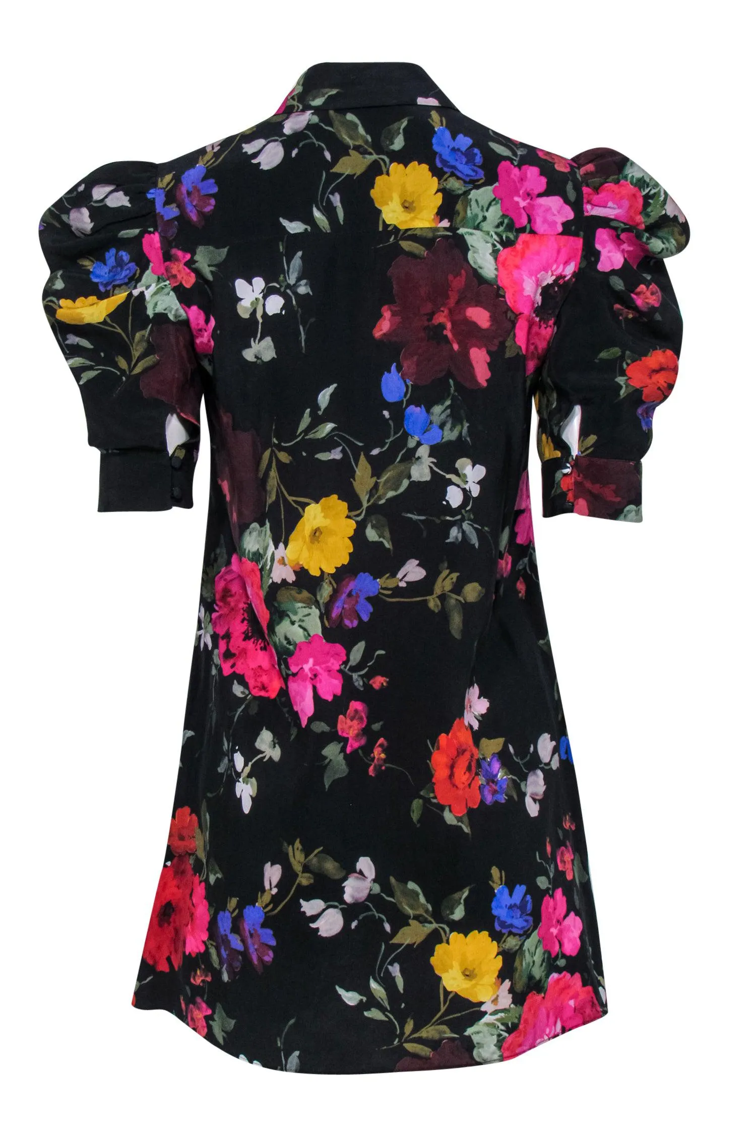 Alice & Olivia - Black & Multicolor Floral Print Puff Sleeve Button-Up Dress Sz XS