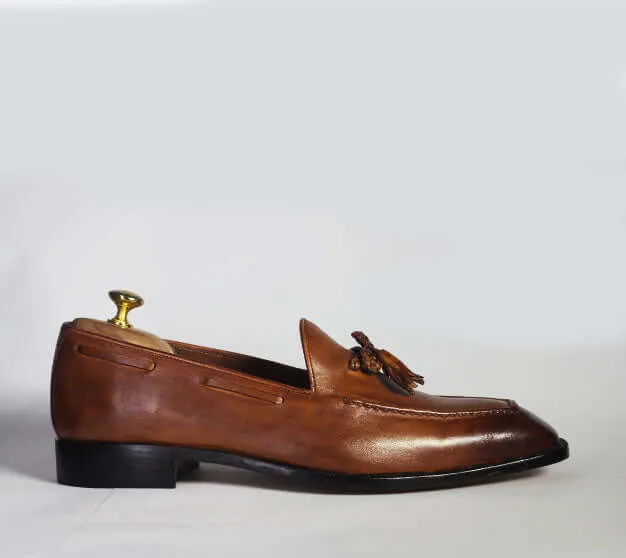 Bespoke Brown Leather Tussle Loafer Shoe for Men