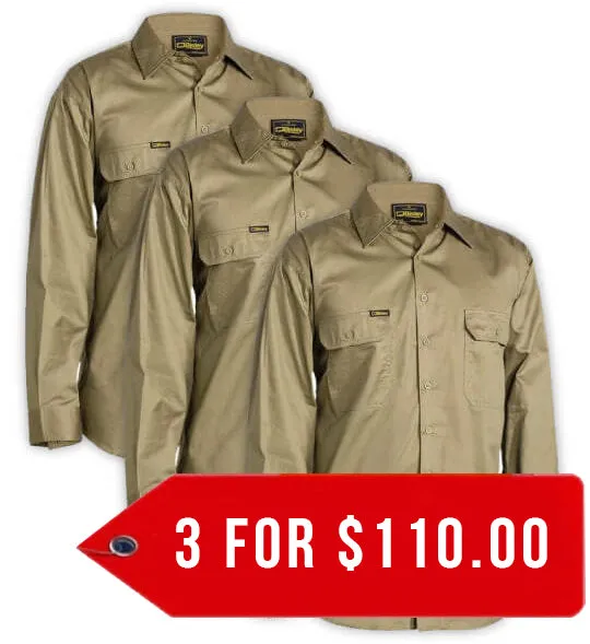 Bisley Cool Lightweight Drill Shirt - Long Sleeve-3 Pack-(BS6893-1)