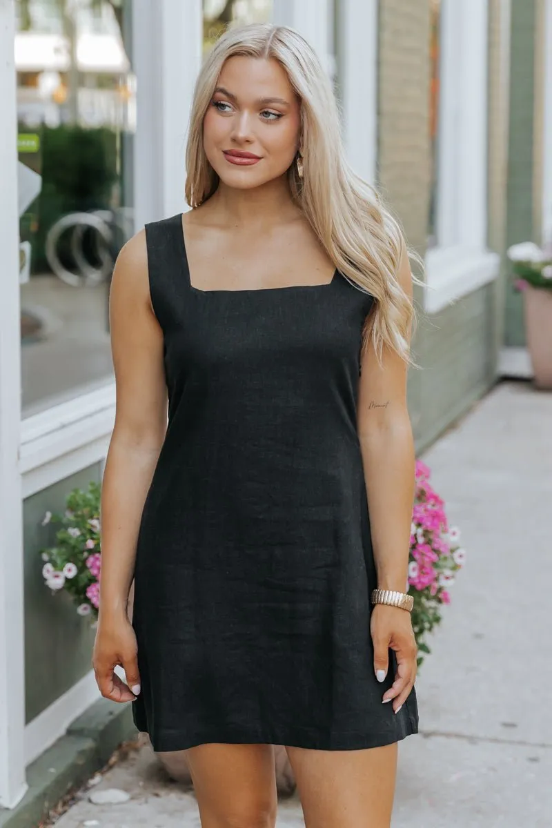 Black Square Neck Linen Mini Dress - FINAL SALE