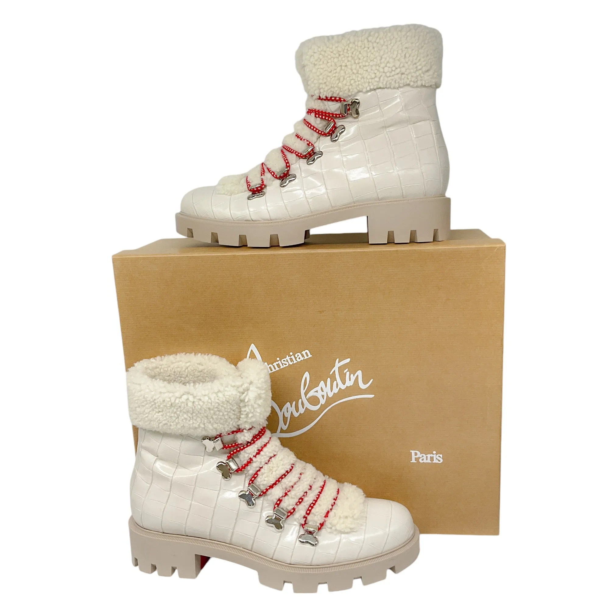 Christian Louboutin Ivory Edelvizir Flat Alligator Embossed Calfskin and Shearling Boots