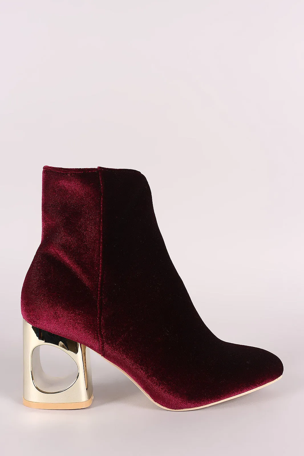 Crushed Velvet Circle Cutout Chunky Heeled Ankle Boots