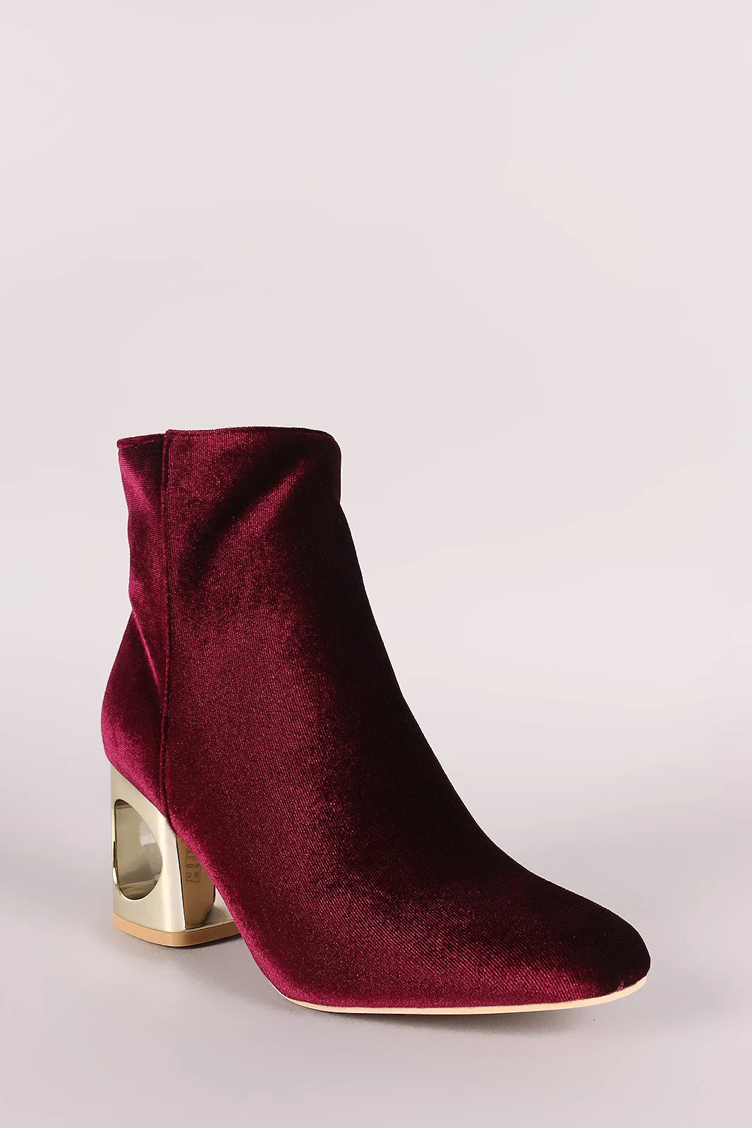 Crushed Velvet Circle Cutout Chunky Heeled Ankle Boots