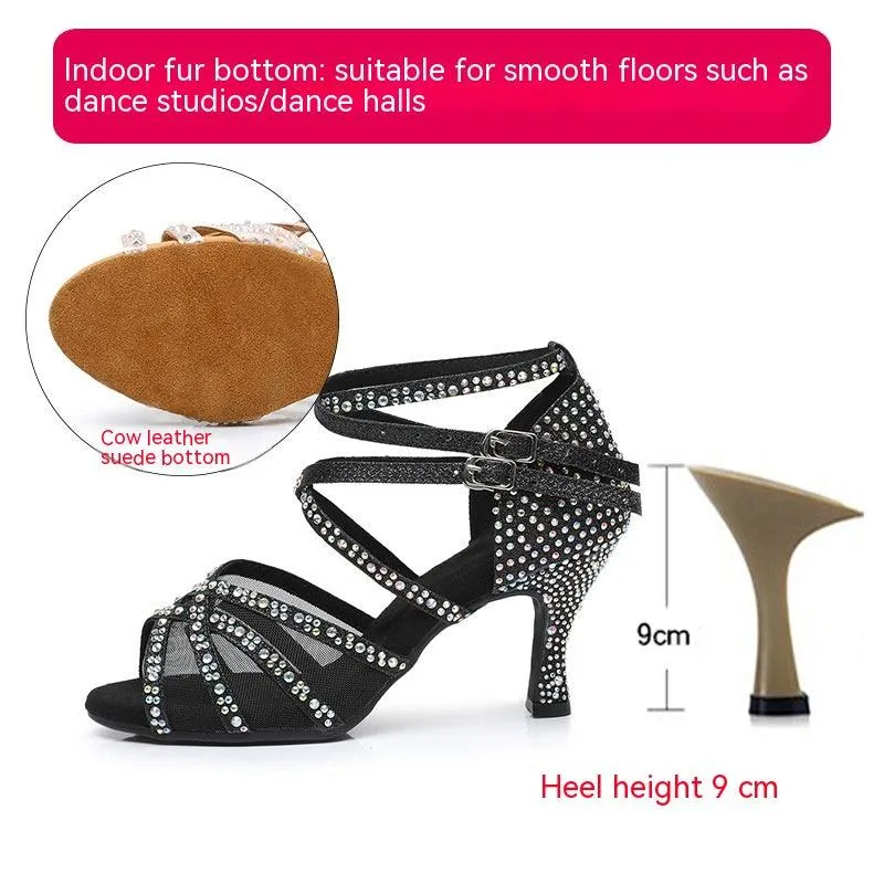 Diamond Latin Dance Shoes Women's Sandals Professional Soft Bottom Dance Shoes Mid-high Heel