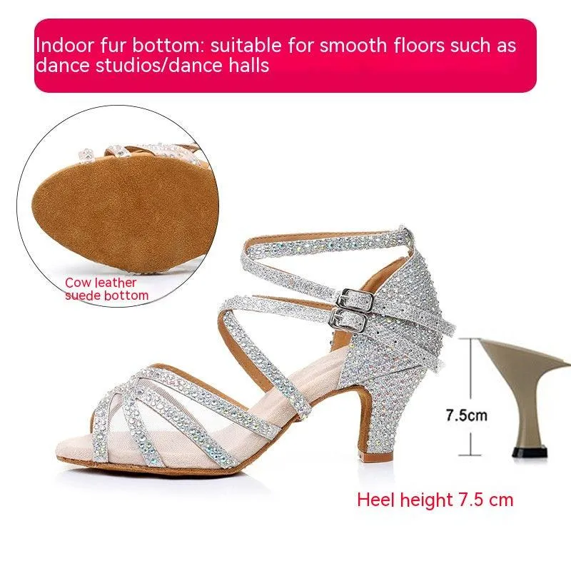 Diamond Latin Dance Shoes Women's Sandals Professional Soft Bottom Dance Shoes Mid-high Heel