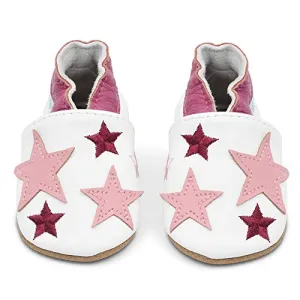 Dotty Fish Soft Leather Infant Shoes Girls pre-Walkers. White with Pink Stars. 0-6 Months