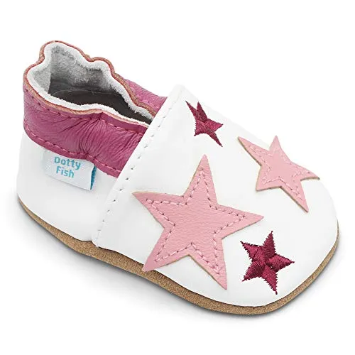 Dotty Fish Soft Leather Infant Shoes Girls pre-Walkers. White with Pink Stars. 0-6 Months