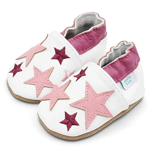 Dotty Fish Soft Leather Infant Shoes Girls pre-Walkers. White with Pink Stars. 0-6 Months