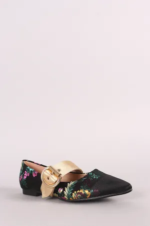 Embroidered Floral Satin Pointy Toe Mary Jane Flat