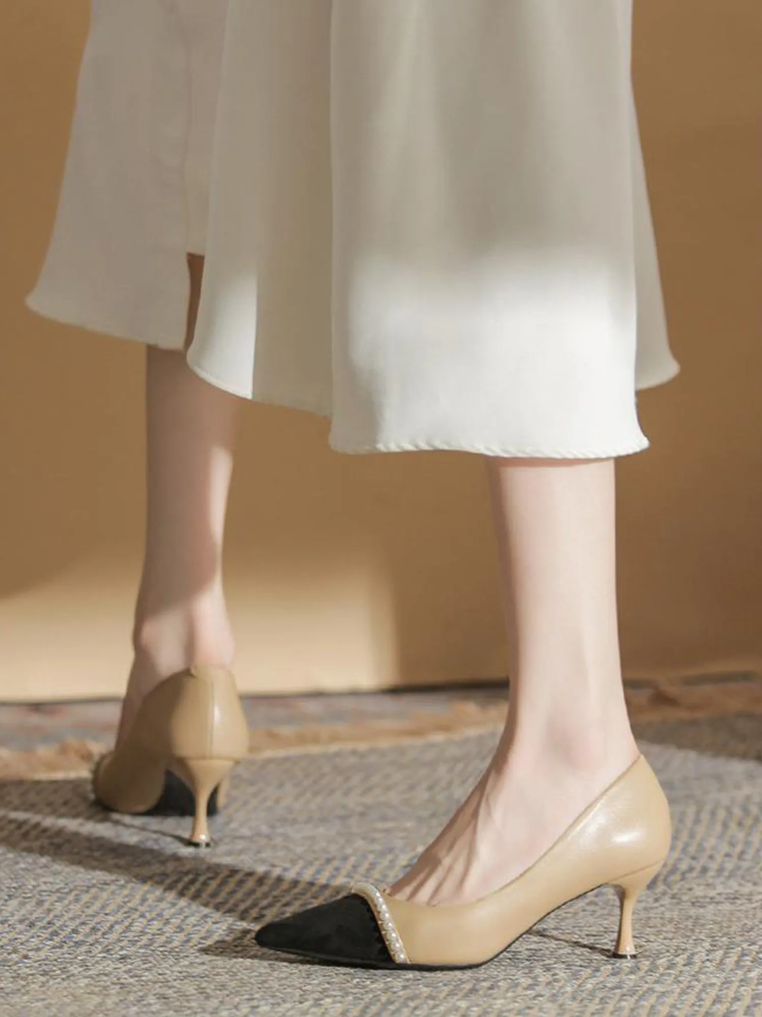 French Color-block Pearl Wedding Heels