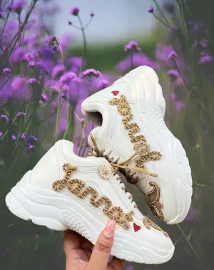 Funky N Trendy hand embroidered “Name” with cutdana work /bridal sneakers/ sneaker for bride / golden sneakers/ golden sneakers for bride / custom name on shoes