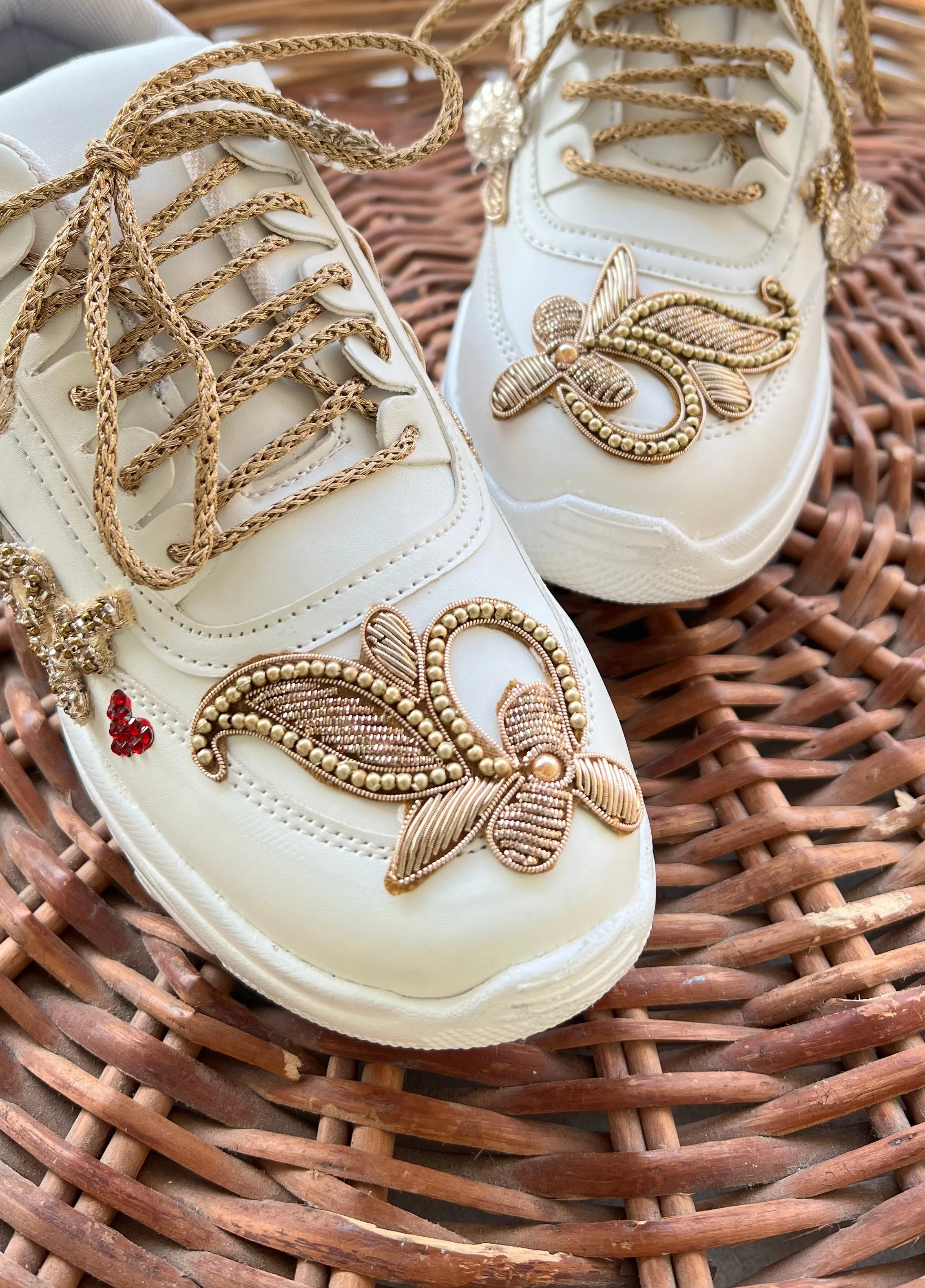 Funky N Trendy hand embroidered “Name” with cutdana work /bridal sneakers/ sneaker for bride / golden sneakers/ golden sneakers for bride / custom name on shoes