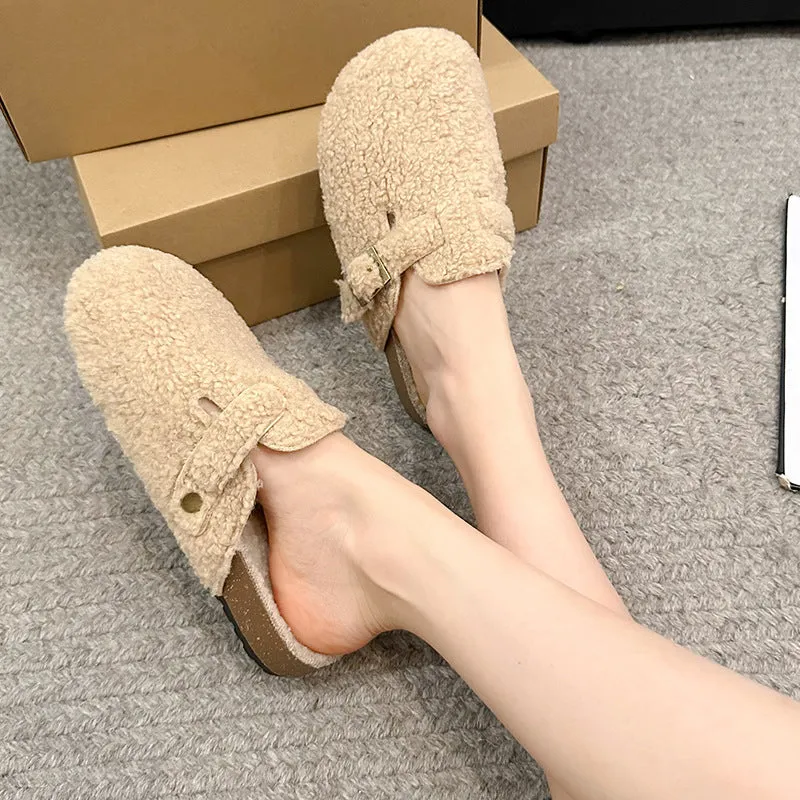 Furry Closed-Toe Half-Slip Thick Sole Warm Cotton 2024 Winter Shoes