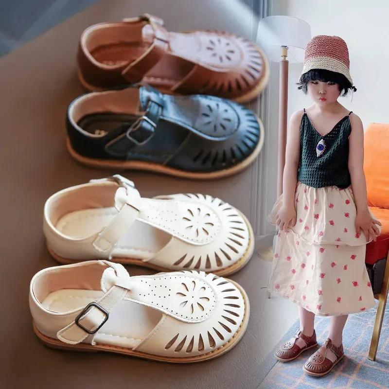 Girls Half Sandals 2024 Spring Summer British Style Children Beach Shoes Cut-outs Kids Flat Shoes Sandals 22-36 Princess Vintage