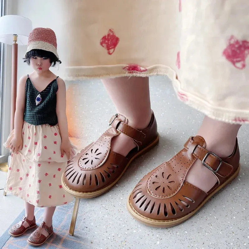 Girls Half Sandals 2024 Spring Summer British Style Children Beach Shoes Cut-outs Kids Flat Shoes Sandals 22-36 Princess Vintage