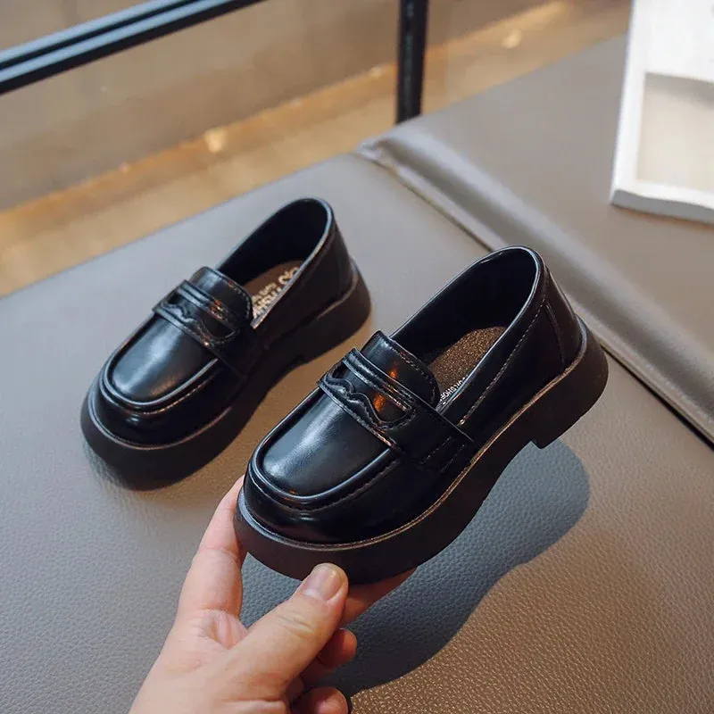 Girls Leather Shoes for Party Wedding Slip-on Simple Solid Black Kids UK Uniform School Shoes Children Loafers 2023 Four Season