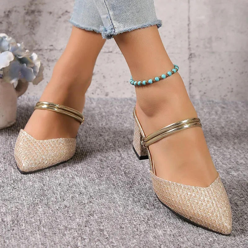 Gold Silver Bling High Heel Pumps Women Fashion Back Strap Slip-On Party Shoes Woman Pointed Toe Slingbacks Thick-Heeled Shoes