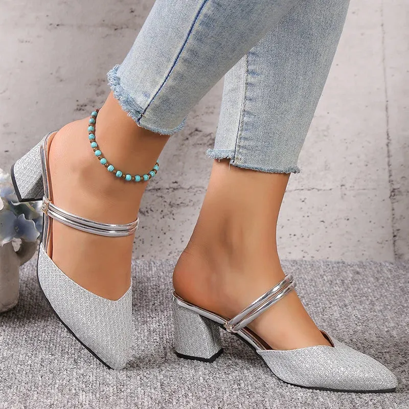 Gold Silver Bling High Heel Pumps Women Fashion Back Strap Slip-On Party Shoes Woman Pointed Toe Slingbacks Thick-Heeled Shoes