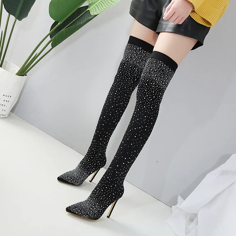 High-heel Pointed Elastic Women's Rhinestone Knee Boots