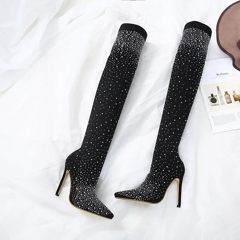 High-heel Pointed Elastic Women's Rhinestone Knee Boots