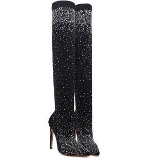 High-heel Pointed Elastic Women's Rhinestone Knee Boots