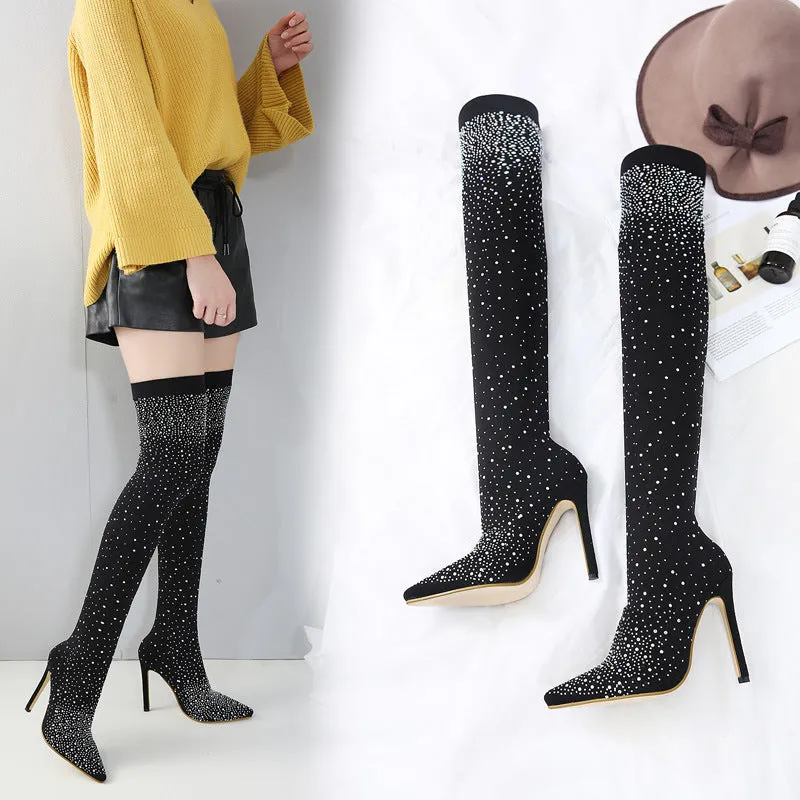 High-heel Pointed Elastic Women's Rhinestone Knee Boots