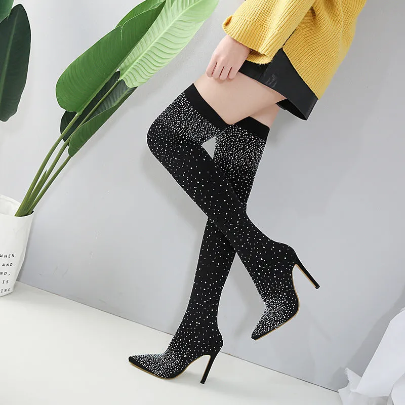 High-heel Pointed Elastic Women's Rhinestone Knee Boots