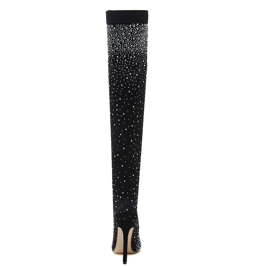 High-heel Pointed Elastic Women's Rhinestone Knee Boots