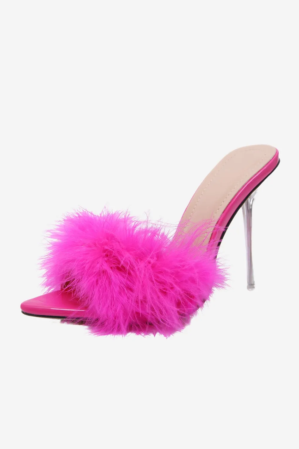 Hot Pink Feathers Pointed Toe Stiletto Sandals