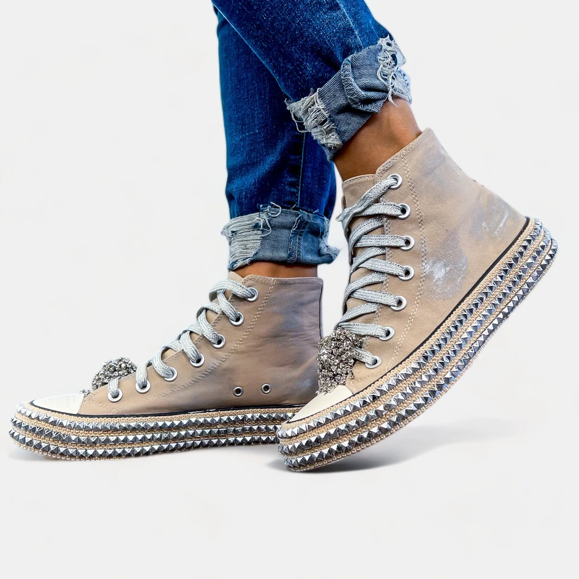 Khaki Embellished High Top Sneakers