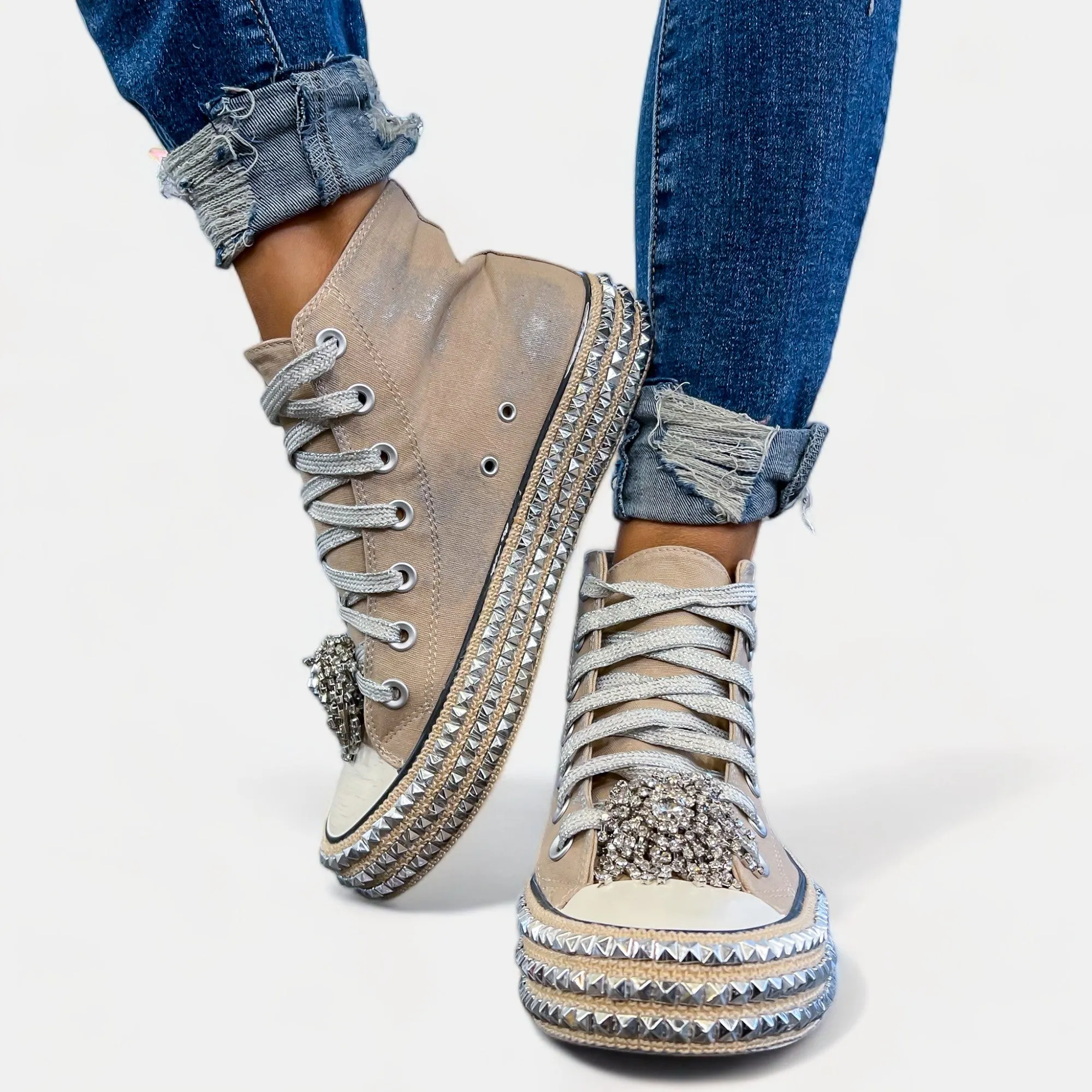 Khaki Embellished High Top Sneakers