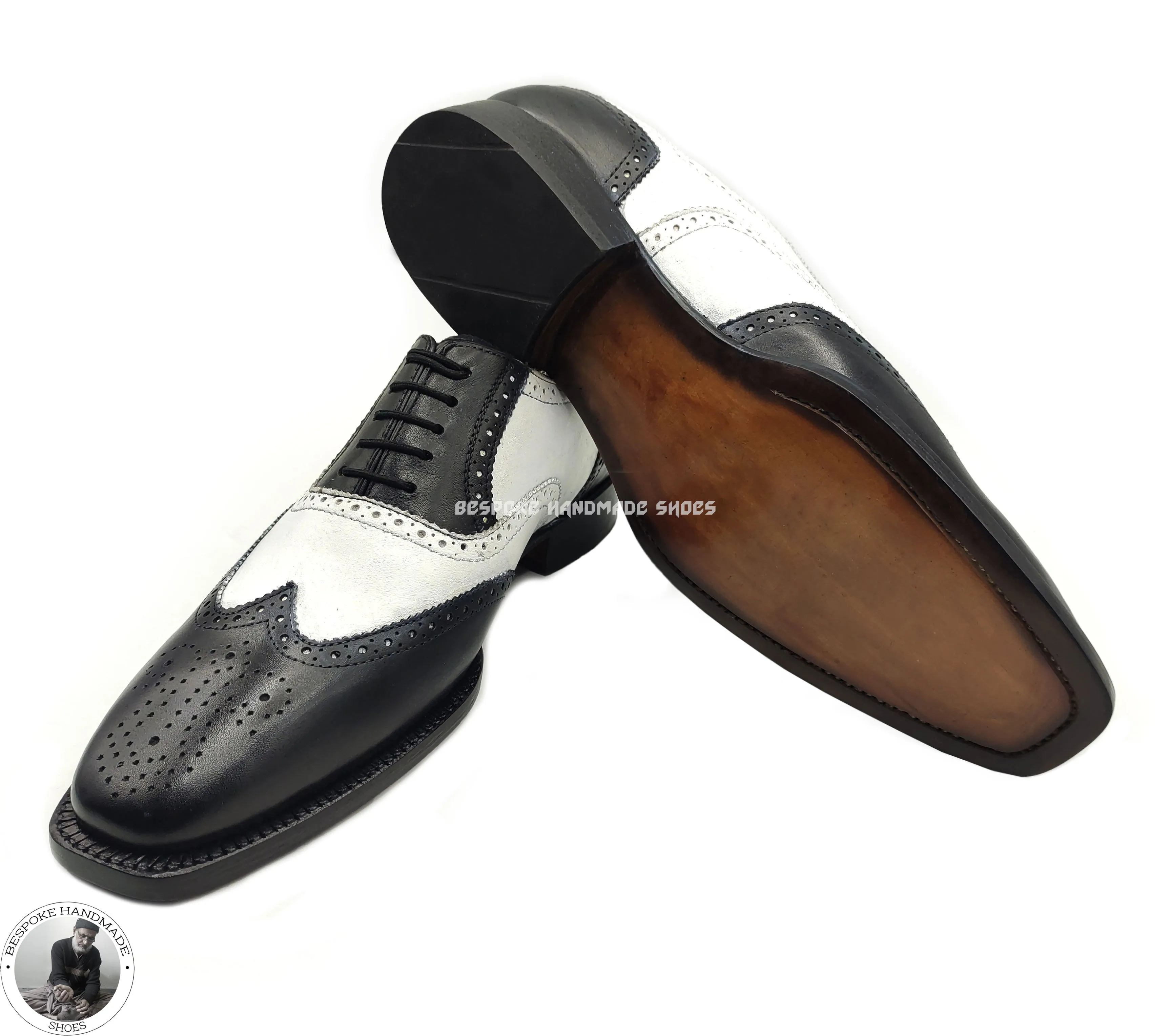 Men's Handmade Leather Shoes, Two Tone Pure White & Black Leather Wingtip Oxford Lace up Dress/Formal Shoe