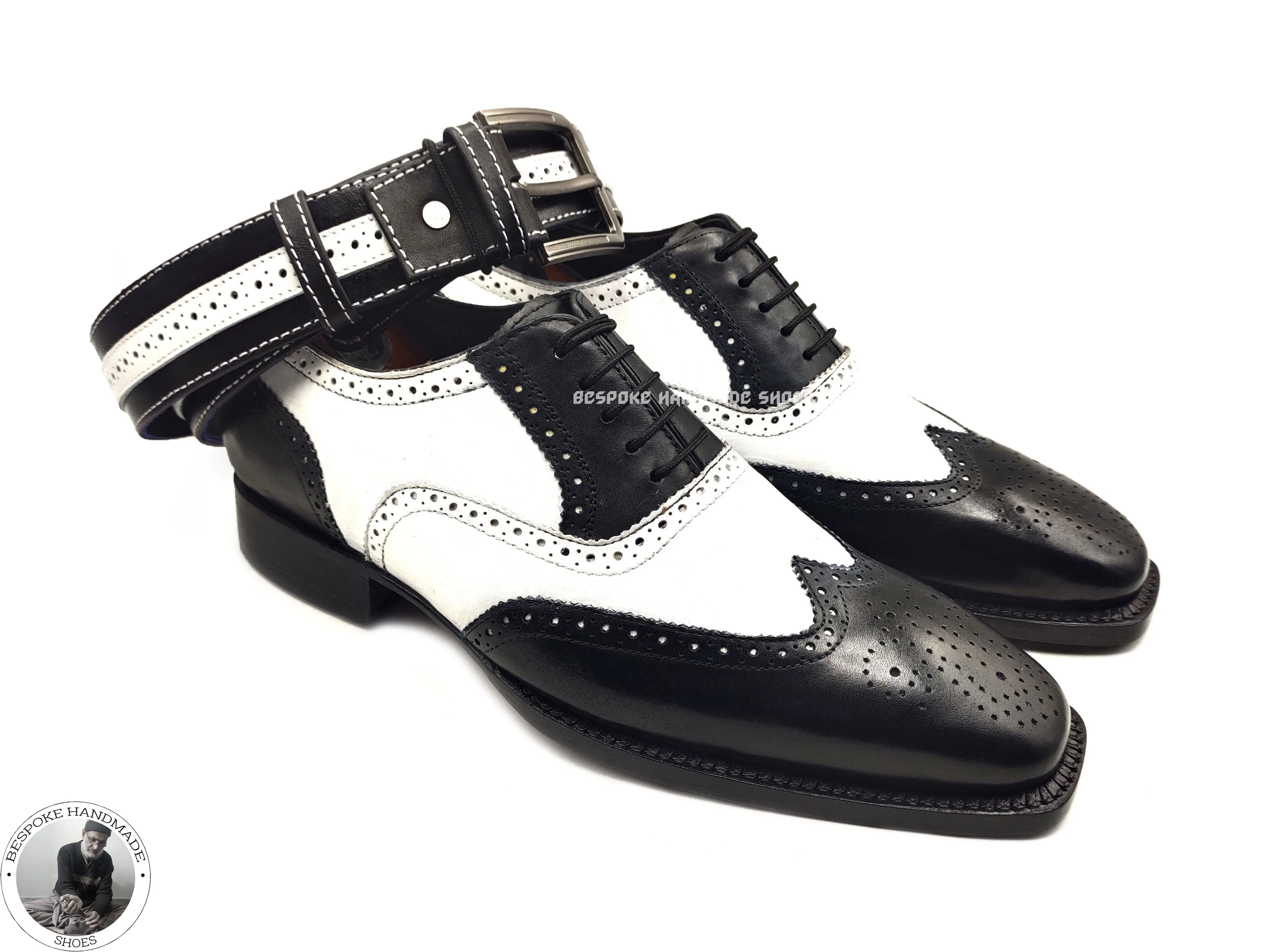 Men's Handmade Leather Shoes, Two Tone Pure White & Black Leather Wingtip Oxford Lace up Dress/Formal Shoe