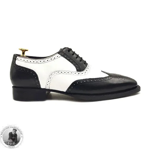 Men's Handmade Leather Shoes, Two Tone Pure White & Black Leather Wingtip Oxford Lace up Dress/Formal Shoe