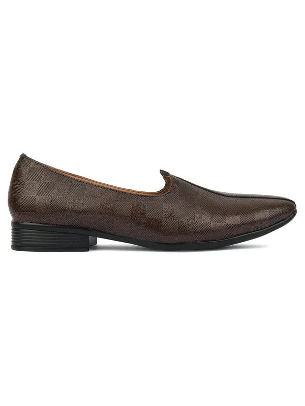 Men's Indian Ethnic Party Wear Textured Brown Heels Footwear - Desi Colour