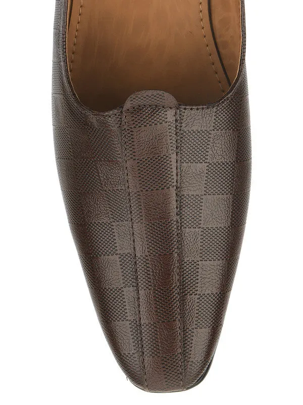 Men's Indian Ethnic Party Wear Textured Brown Heels Footwear - Desi Colour