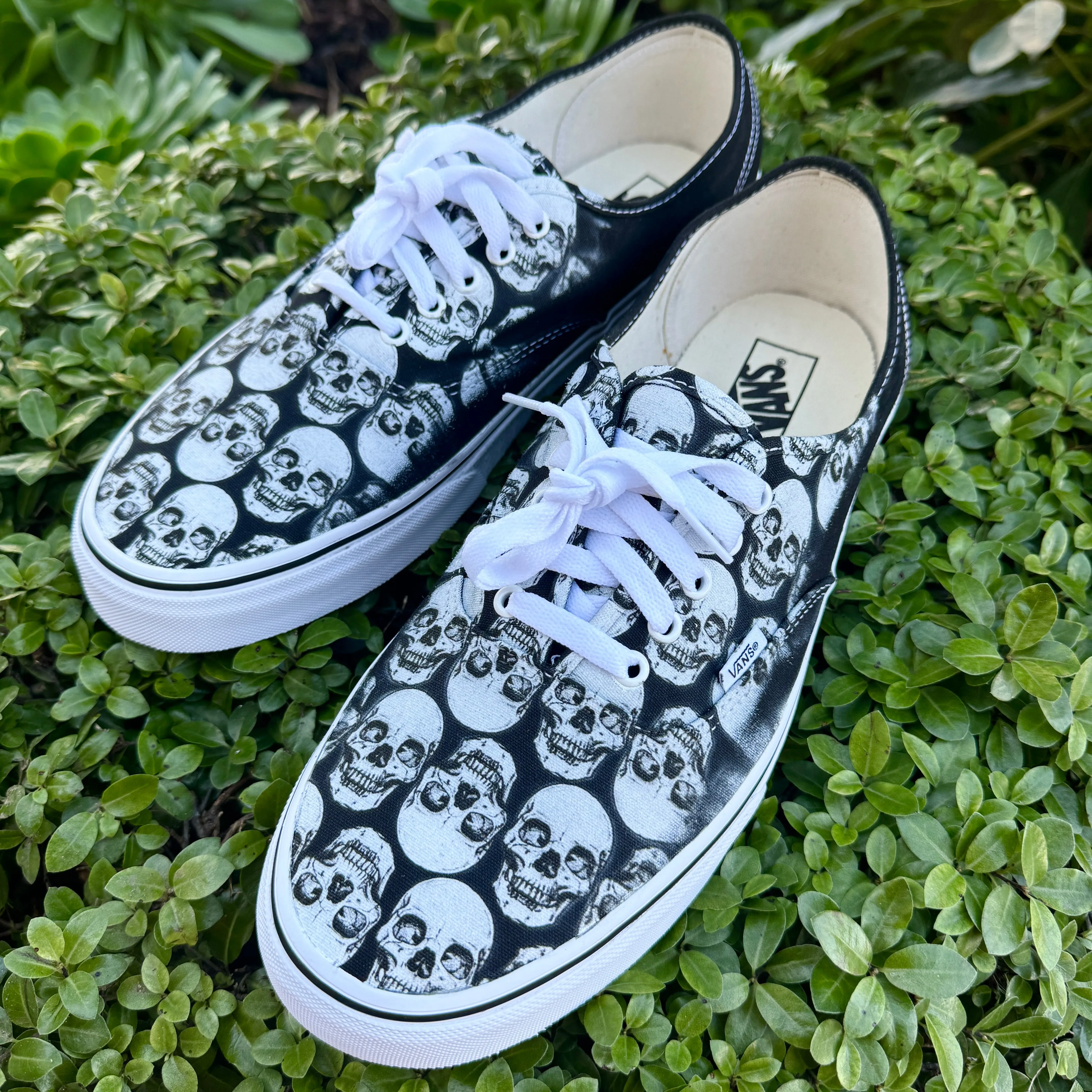 Multiple Skull Head Tile Print Spooky Black Vans Authentic Shoes for Men and Women