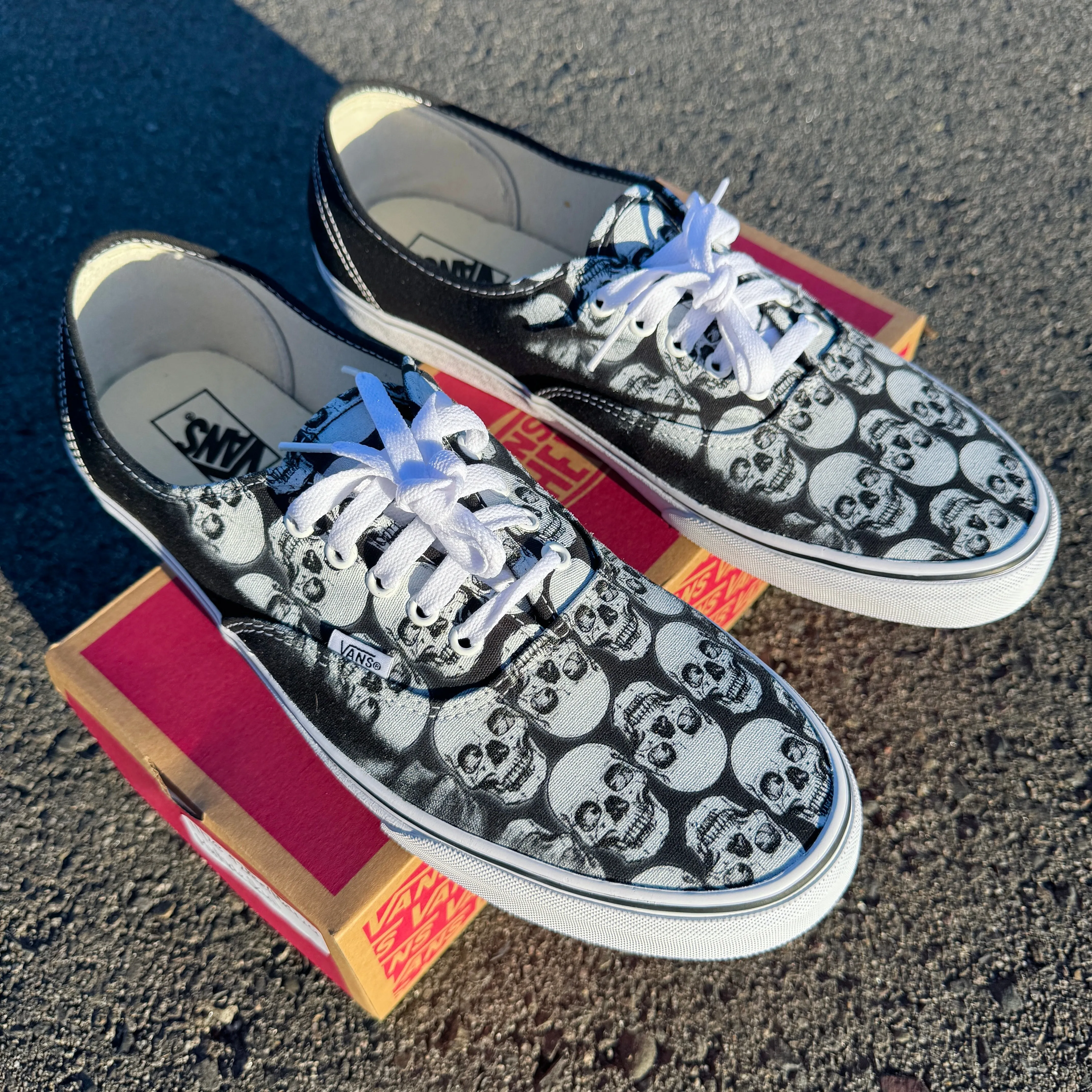 Multiple Skull Head Tile Print Spooky Black Vans Authentic Shoes for Men and Women