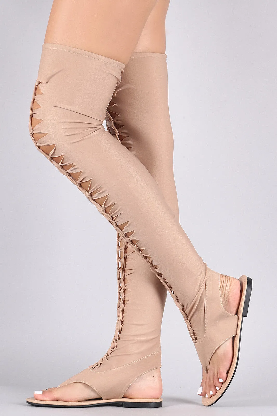 Nubuck Elastane Thigh High Braided Cutout Gladiator Flat Sandal