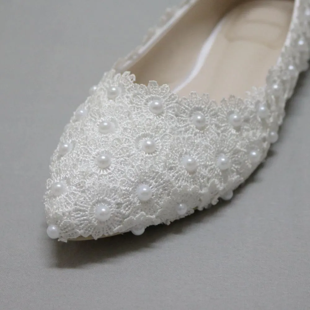 Pregnant Flat Heels Pearls Lace Pointed Toe White Wedding Bridal Shoes, S017