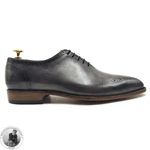 Premium Quality Gray Leather Black Shaded Shoes, Men Oxford Brogue Lace up Dress Wholecut Shoes