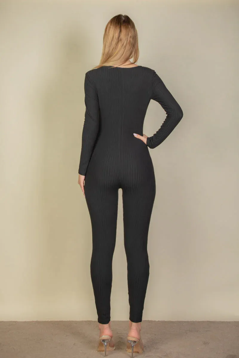 "Capella Ribbed Jumpsuit: The Ultimate Wardrobe Essential with Scoop Neck and Long Sleeves"