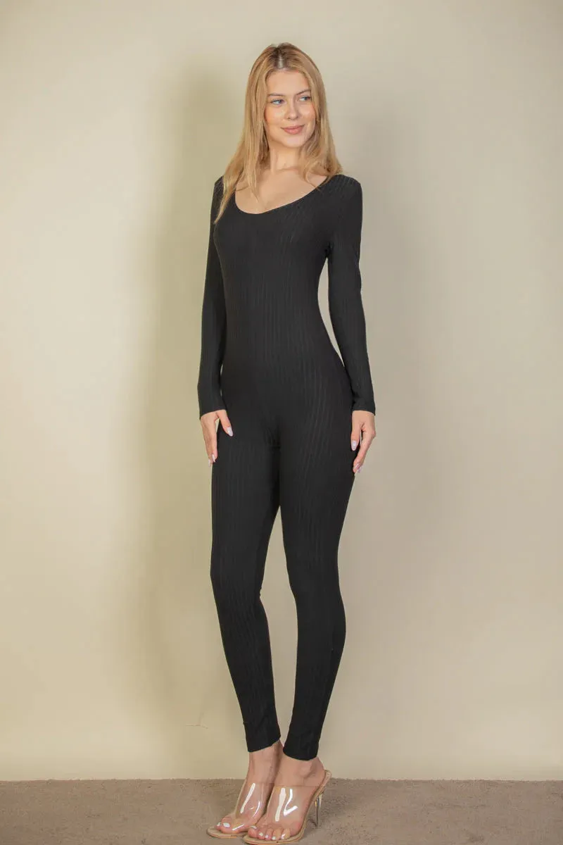 "Capella Ribbed Jumpsuit: The Ultimate Wardrobe Essential with Scoop Neck and Long Sleeves"