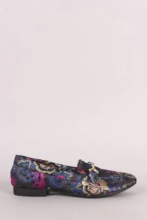 Qupid Horsebit Ornament Floral Slip On Loafer Flat