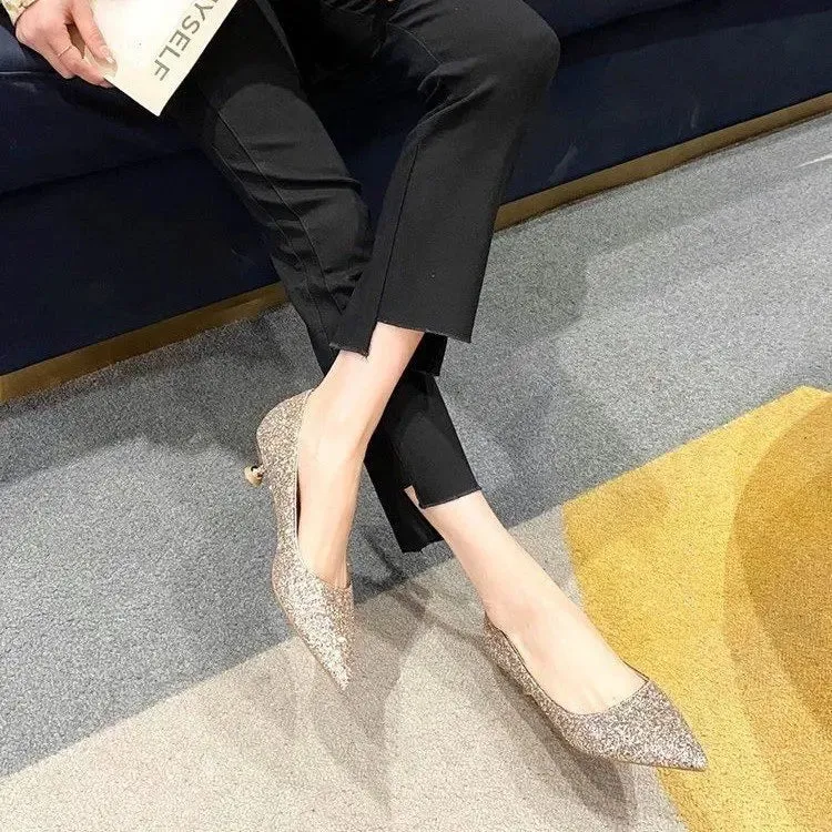 Sexy Pointed Toe Champagne Ladies High Heels 2024 New Shiny Crystal Wedding Bridal Shoes Simple Elegant Women's Dress Shoes