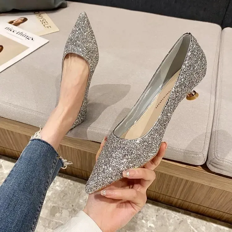 Sexy Pointed Toe Champagne Ladies High Heels 2024 New Shiny Crystal Wedding Bridal Shoes Simple Elegant Women's Dress Shoes