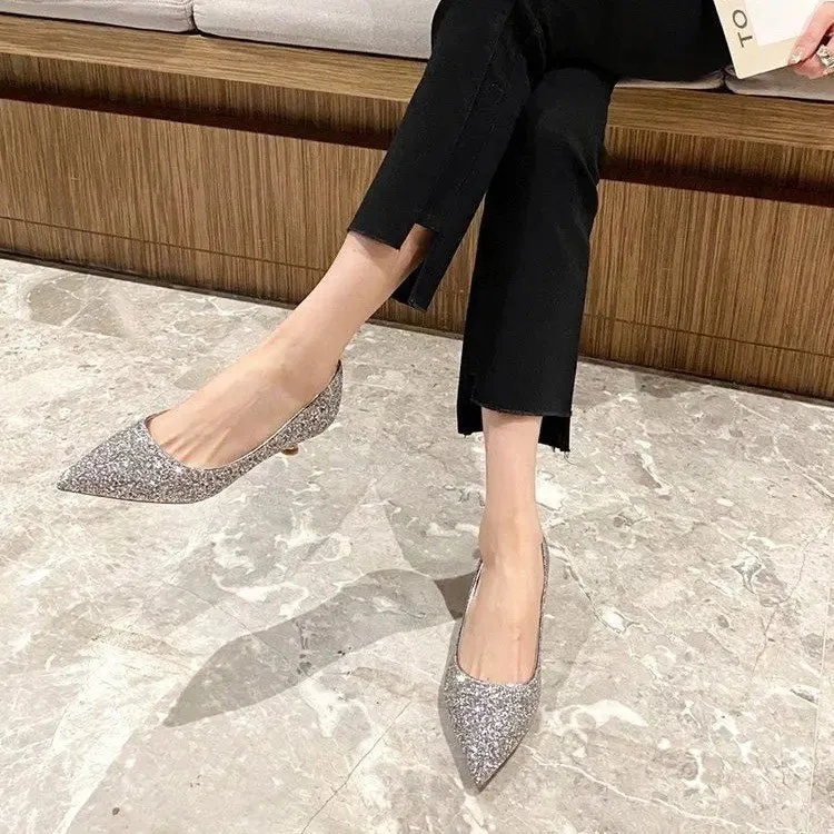 Sexy Pointed Toe Champagne Ladies High Heels 2024 New Shiny Crystal Wedding Bridal Shoes Simple Elegant Women's Dress Shoes