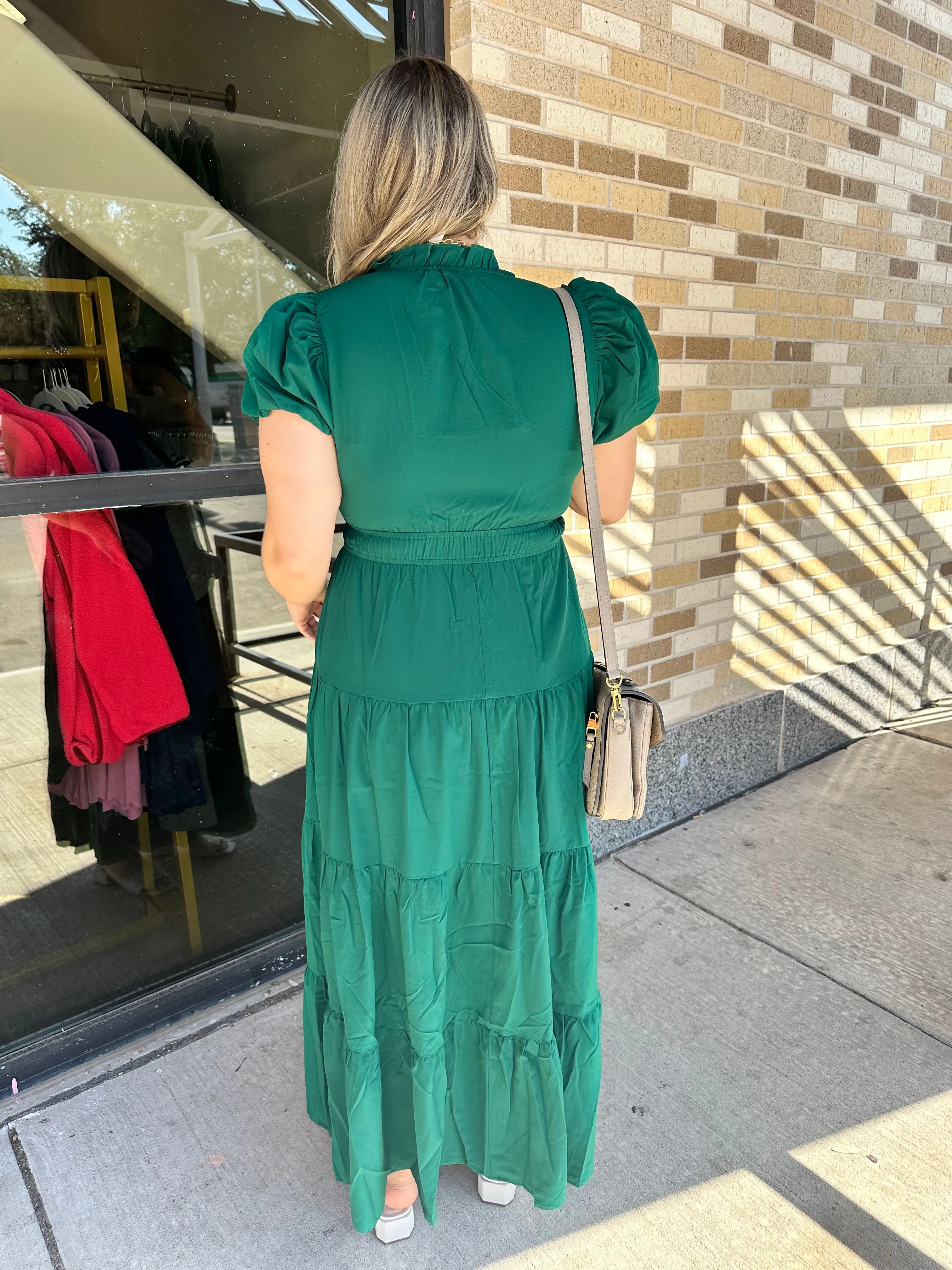 Solid Bubble Sleeve V-Neck Midi Dress- Hunter Green