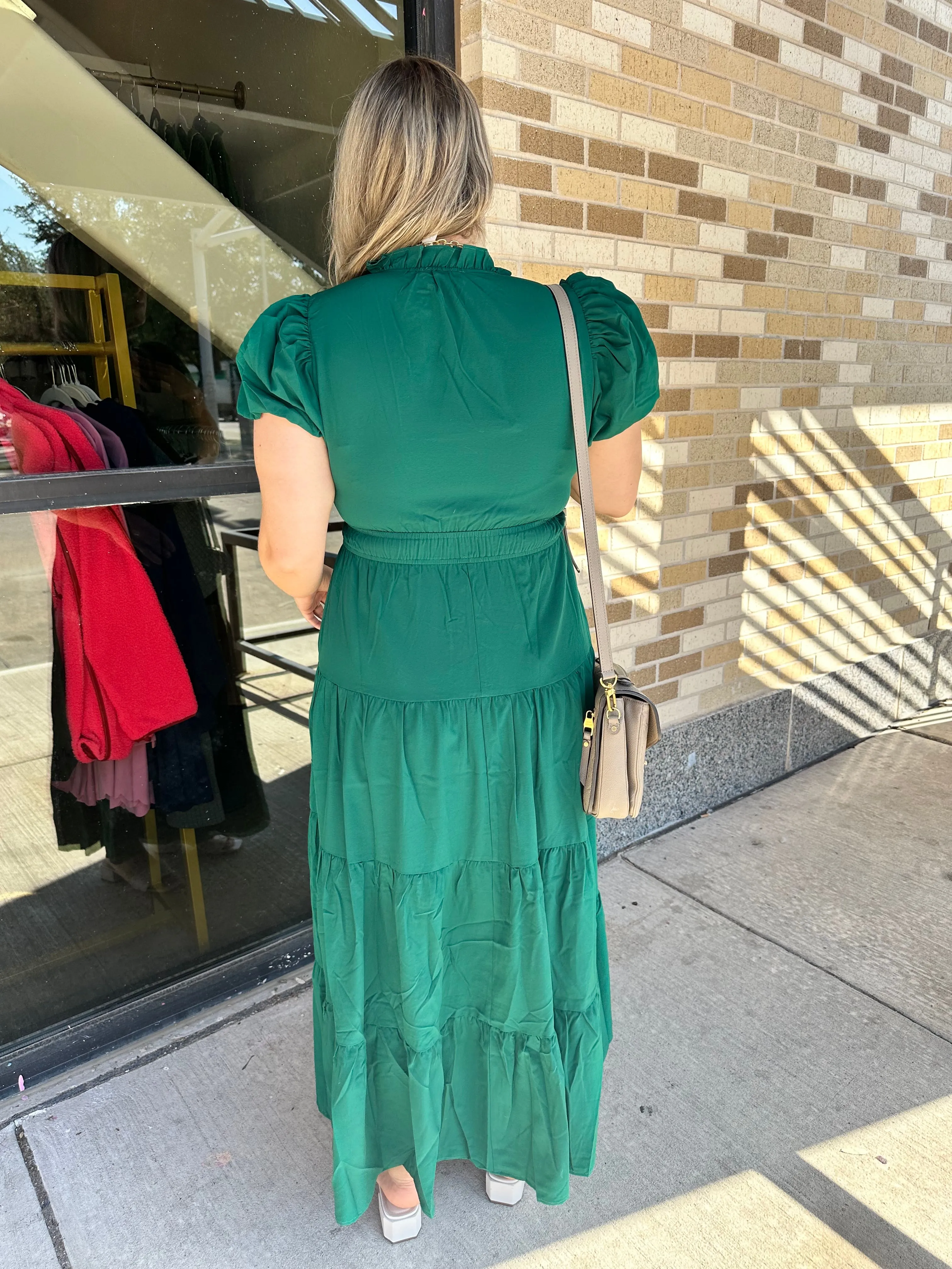 Solid Bubble Sleeve V-Neck Midi Dress- Hunter Green