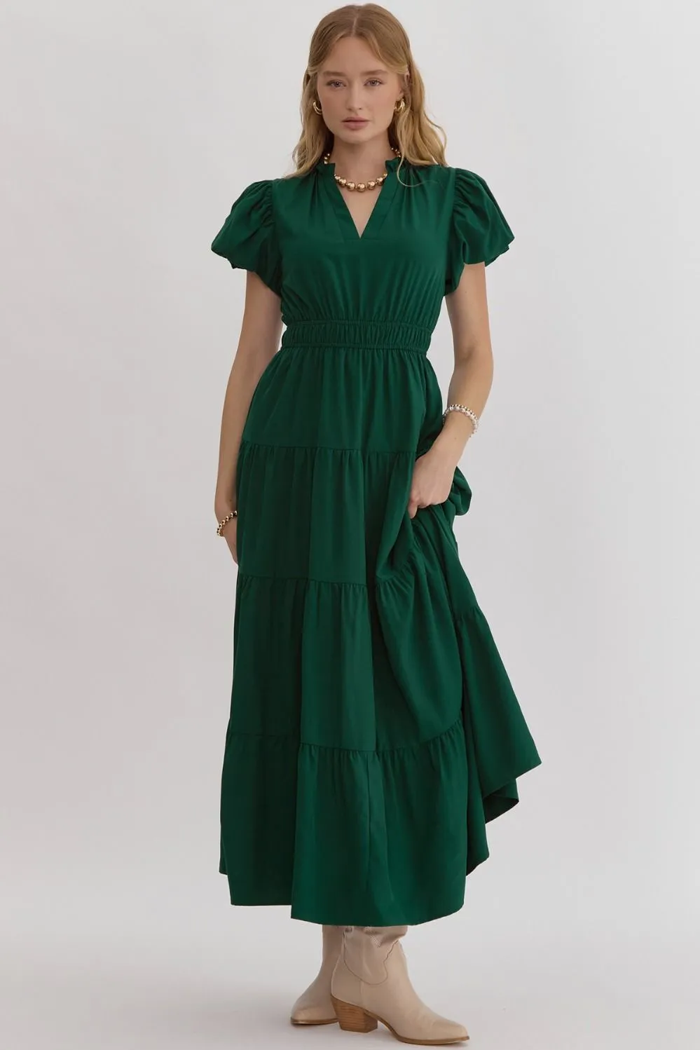 Solid Bubble Sleeve V-Neck Midi Dress- Hunter Green